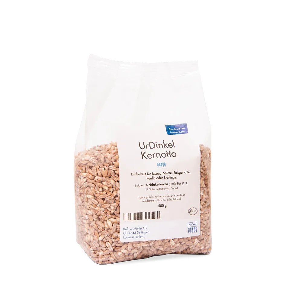 Verpackung mit UrDinkel Kernotto (geschälter und polierter Dinkel) im Beutel, hergestellt aus Schweizer UrDinkel