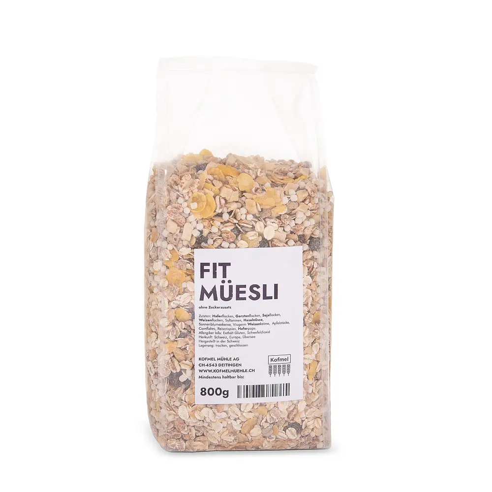 Fit Müesli im Beutel – knusprige Müeslimischung mit Weizenkeimen, Haferpops, Cornflakes, Sultanas, Aprikosen und Feigen, ohne Zuckerzusatz