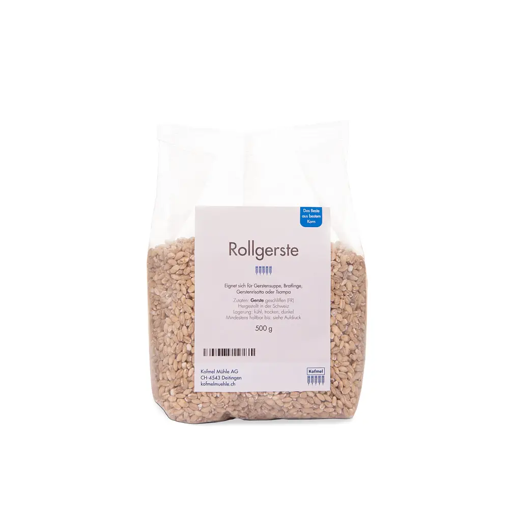 Rollgerste im 500g Beutel von Kofmel Mühle Rollgerste – geschälte und polierte Gerstenkörner, ideal für Suppen, Eintöpfe, Salate oder als Beilage – ballaststoffreich und vielseitig einsetzbar. Kofmel Mühle AG