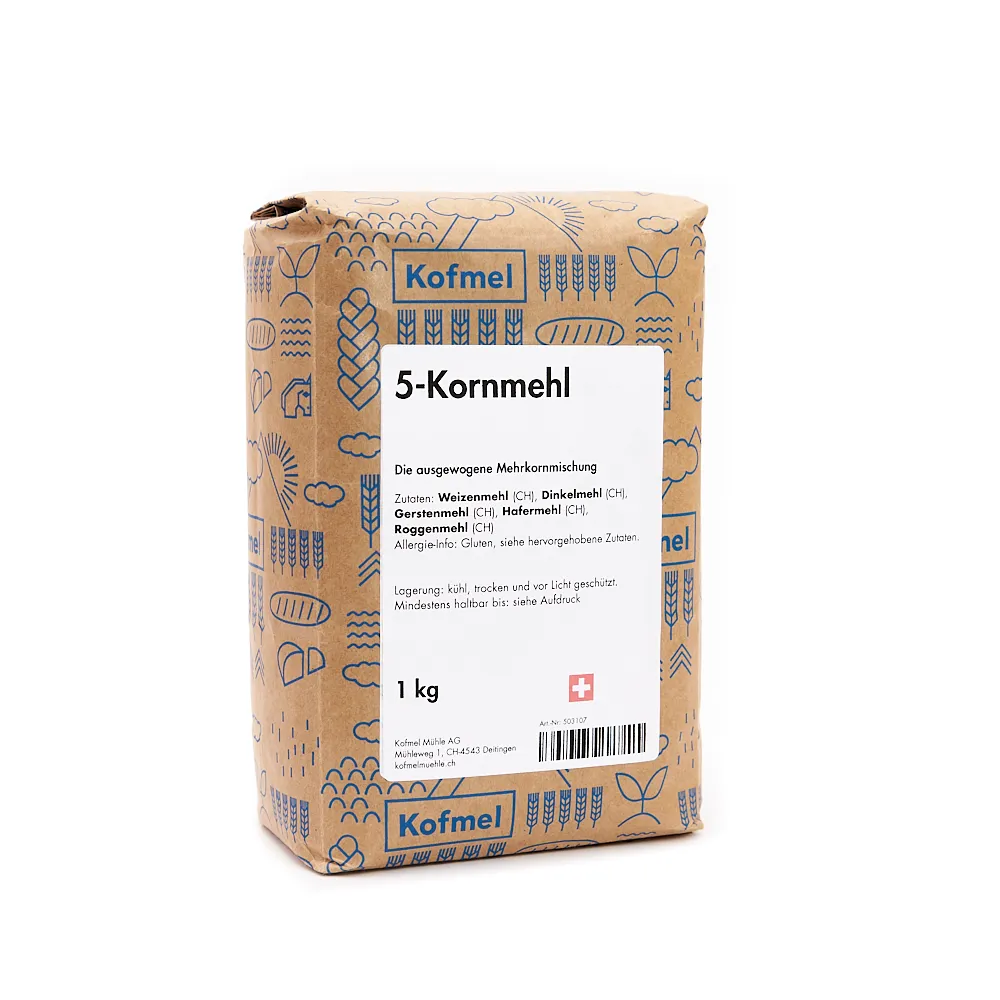 Mehl aus fünf Getreidesorten – Weizen, Dinkel, Roggen, Gerste und Hafer, geeignet für Mehrkornbrot und Brötchen im 1kg Papiersack