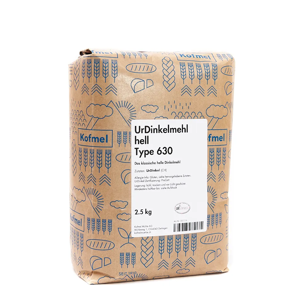 Papierverpackung 2.5kg mit UrDinkelmehl hell Type 630 der Kofmel Mühle – helles Dinkelmehl aus Ostro und Oberkulmer