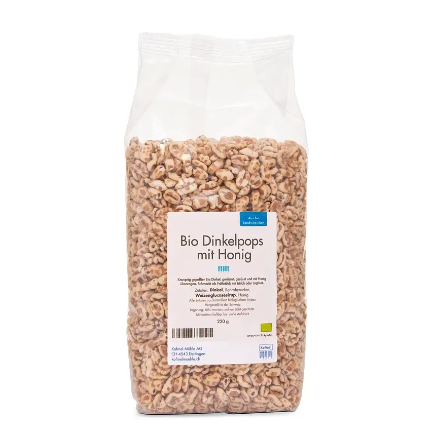 Bio Dinkelpops mit Honig in Verpackung 220g, hergestellt aus Bio-Dinkel, leicht und knusprig