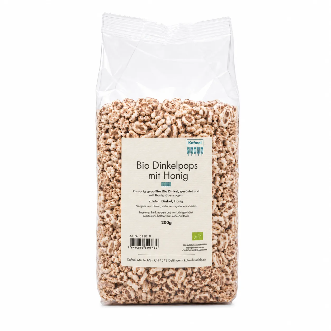 Bio Dinkelpops mit Honig in Verpackung 220g, hergestellt aus Bio-Dinkel, leicht und knusprig