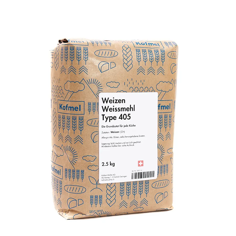 Verpacktes Weizen Weissmehl Type 405 – feines, helles Mehl für süsses Gebäck und Kuchen - aus der Kofmel Mühle Deitingen