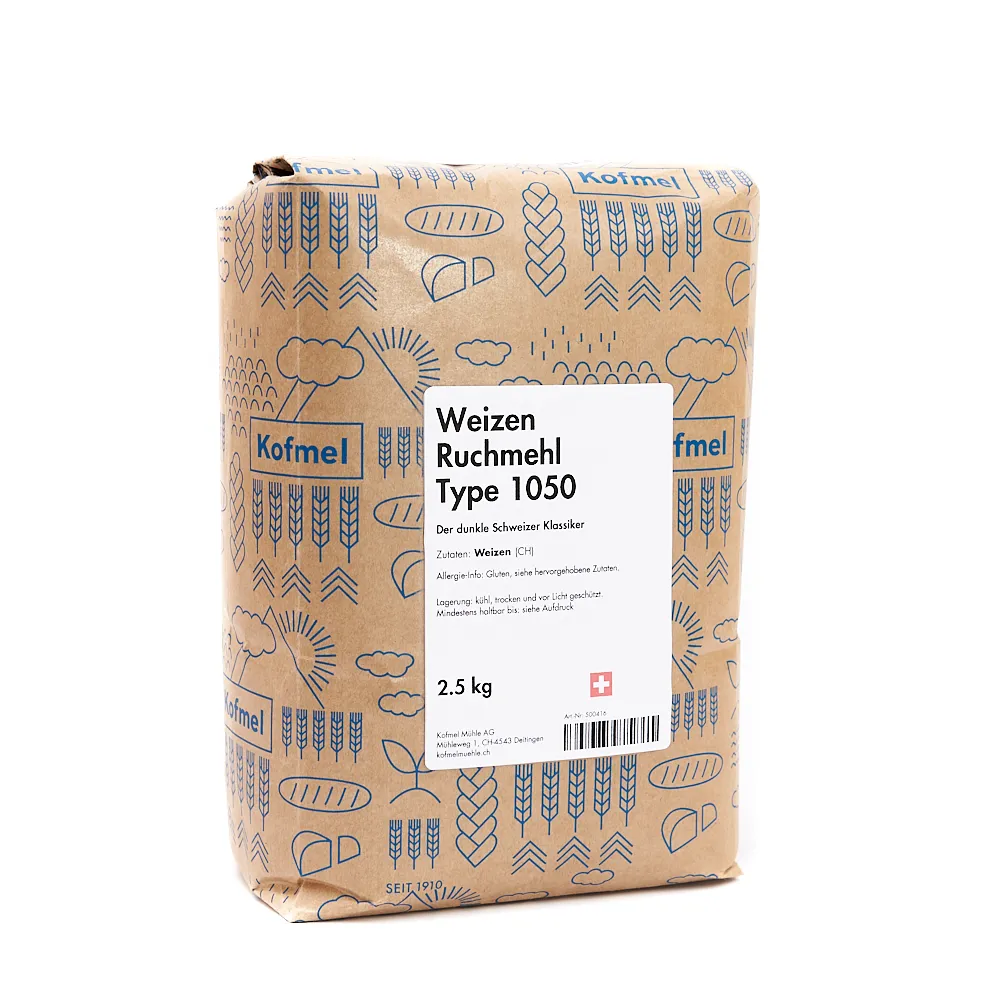 Schweizer Weizen Ruchmehl Type 1050 in Beutel 2.5kg und aufgeschüttet, geeignet für Ruchbrot, Brötchen und dunkle Backwaren